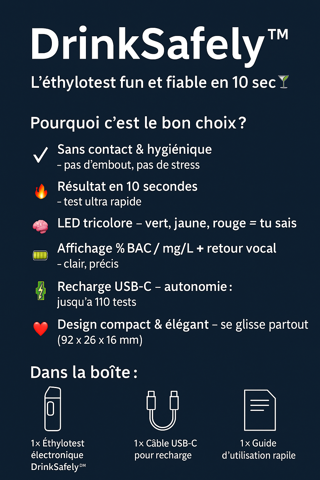 Éthylotest électronique sans contact – Rechargeable USB & LED